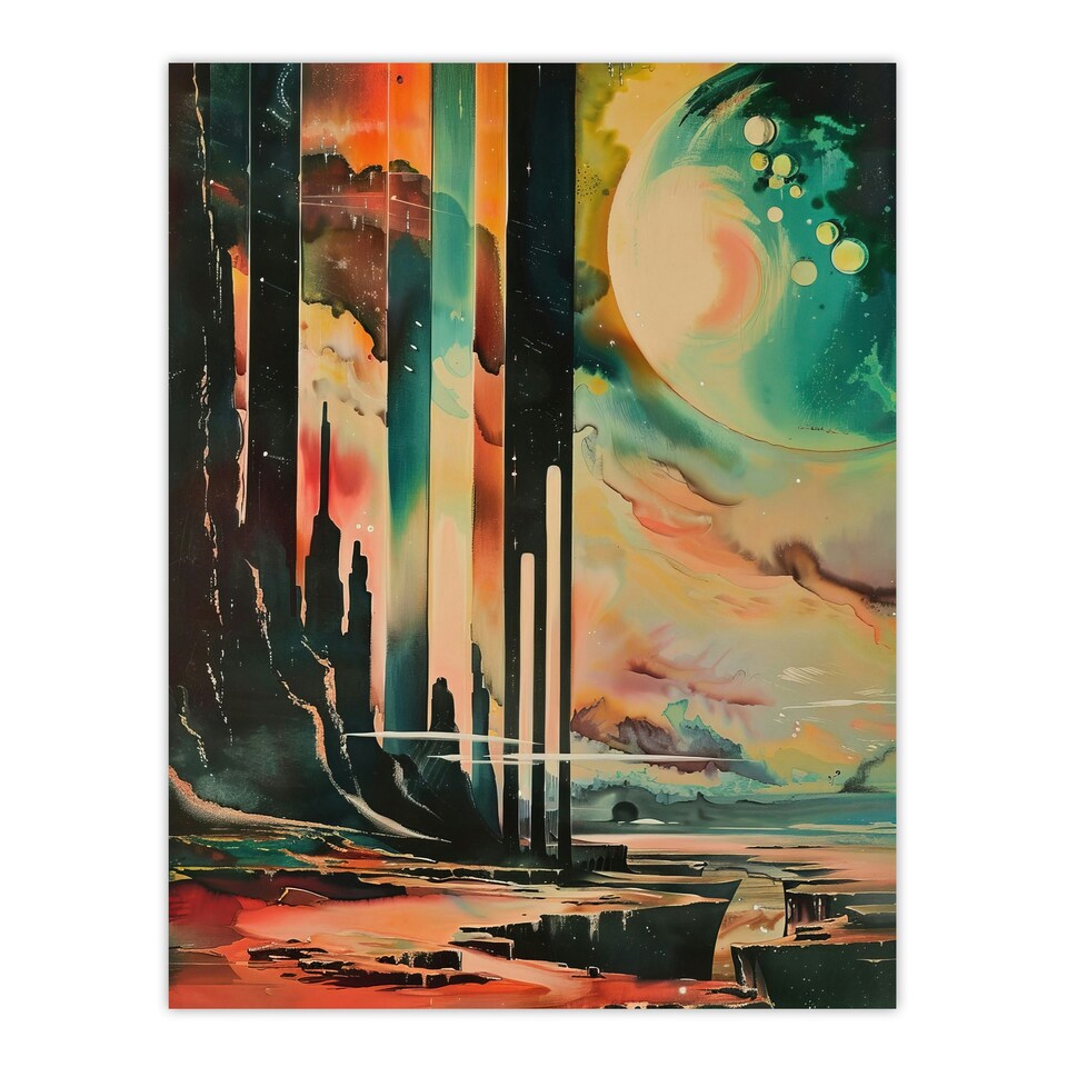 image 1 of Retro Sci-Fi Cliff By Moon Galaxy Fantasy Black Framed Wall Art Print A4