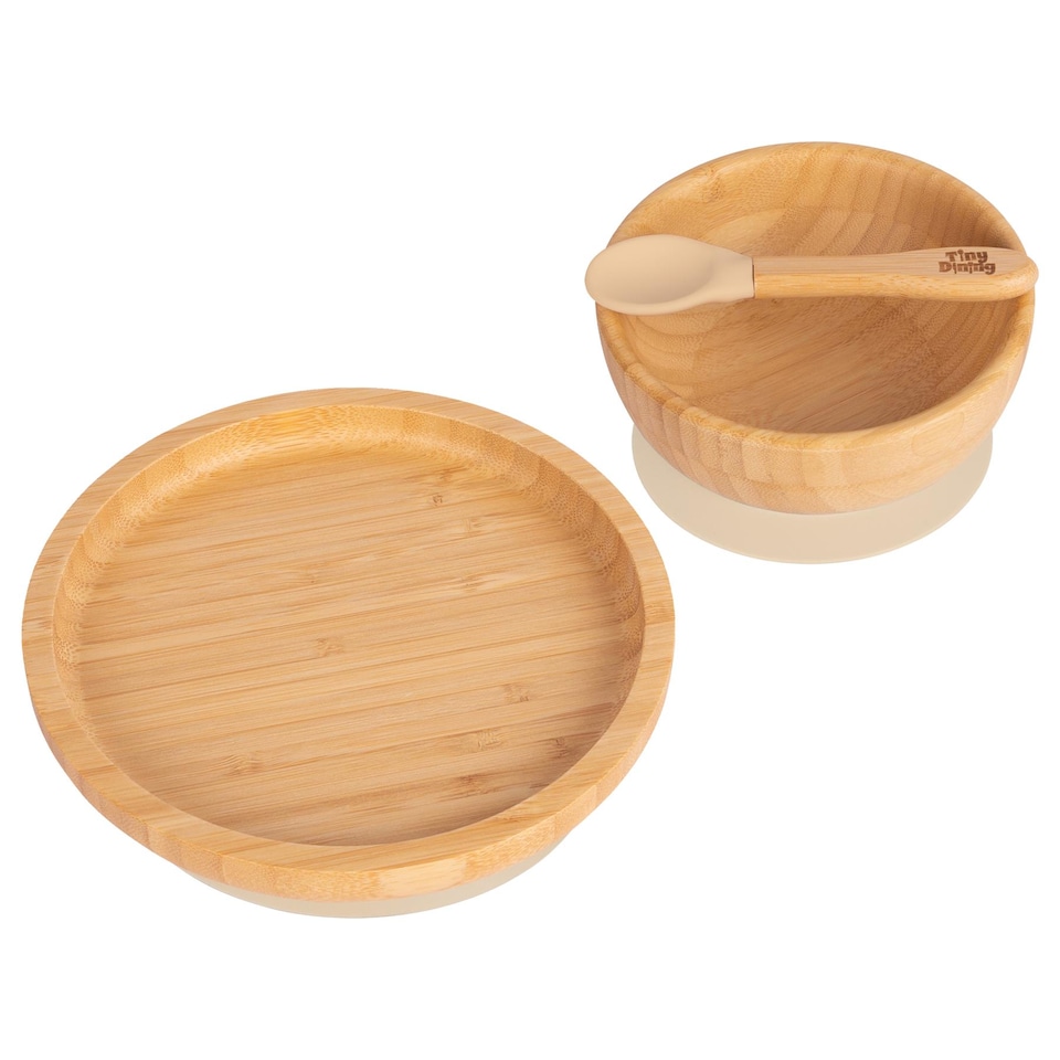 image 1 of Tiny Dining 3pc Round Bamboo Suction Dinner Set - Beige