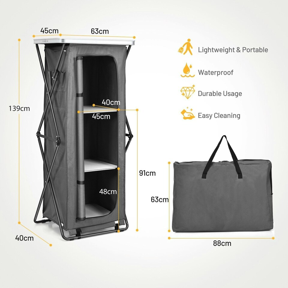 image 1 of COSTWAY 3 Tier Folding Cupboard 139cm Camping Storage Table Grey