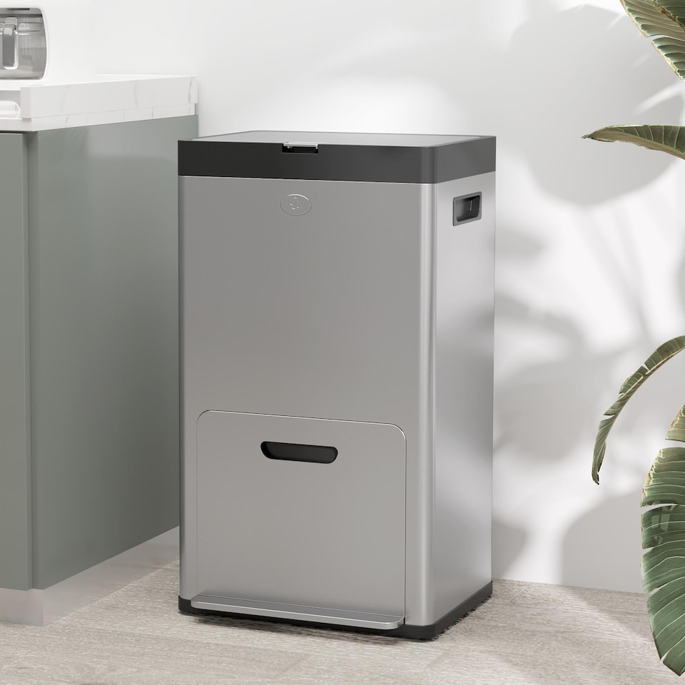 image 1 of HOMCOM Kitchen Bin, 2 x 18L and 20L Volumes, Stainless Steel 3 Compartment Bin with Wheels, Soft Close Lid, Removable Inner Buckets, Fingerprint-Proof for Recycling and Waste, Silver Tone | Silver | 1
