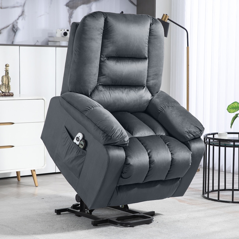 image 1 of HOMCOM Velvet Riser and Recliner Chair for the Elderly, Quick Assembly, Fabric Overstuffed Lift Chair with Vibration Massage and Heat, Remote Control, Side Pockets, Grey