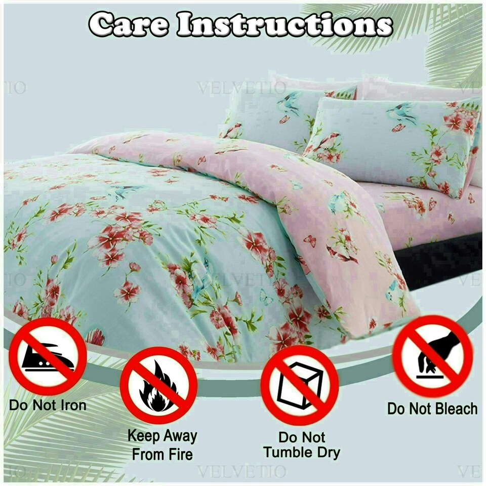 image 1 of VELVETIO Birdie Blossom Printed Duvet Cover Set Reversible Polycotton Beddings Blue | Double