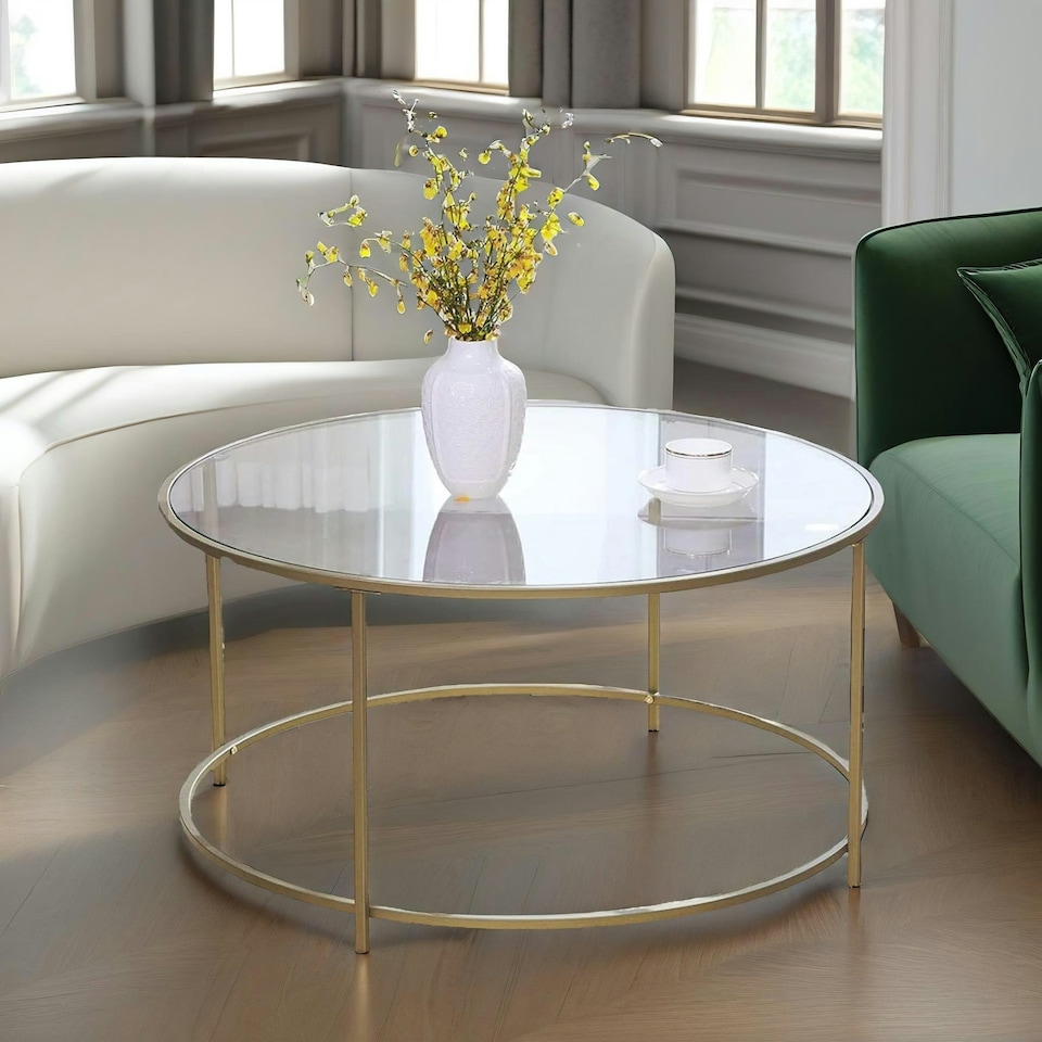 image 1 of Industrial Tempered Glass Round Coffee Table Gold Gold