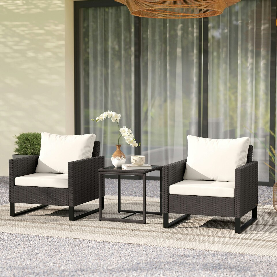 image 1 of Outsunny 3 Pieces Rattan Bistro Set with 4 Cushions, Wicker Garden Furniture Set, Glass Top Coffee Table and Chairs for Outdoor Patio, Balcony, Terrace and Conservatory, Brown