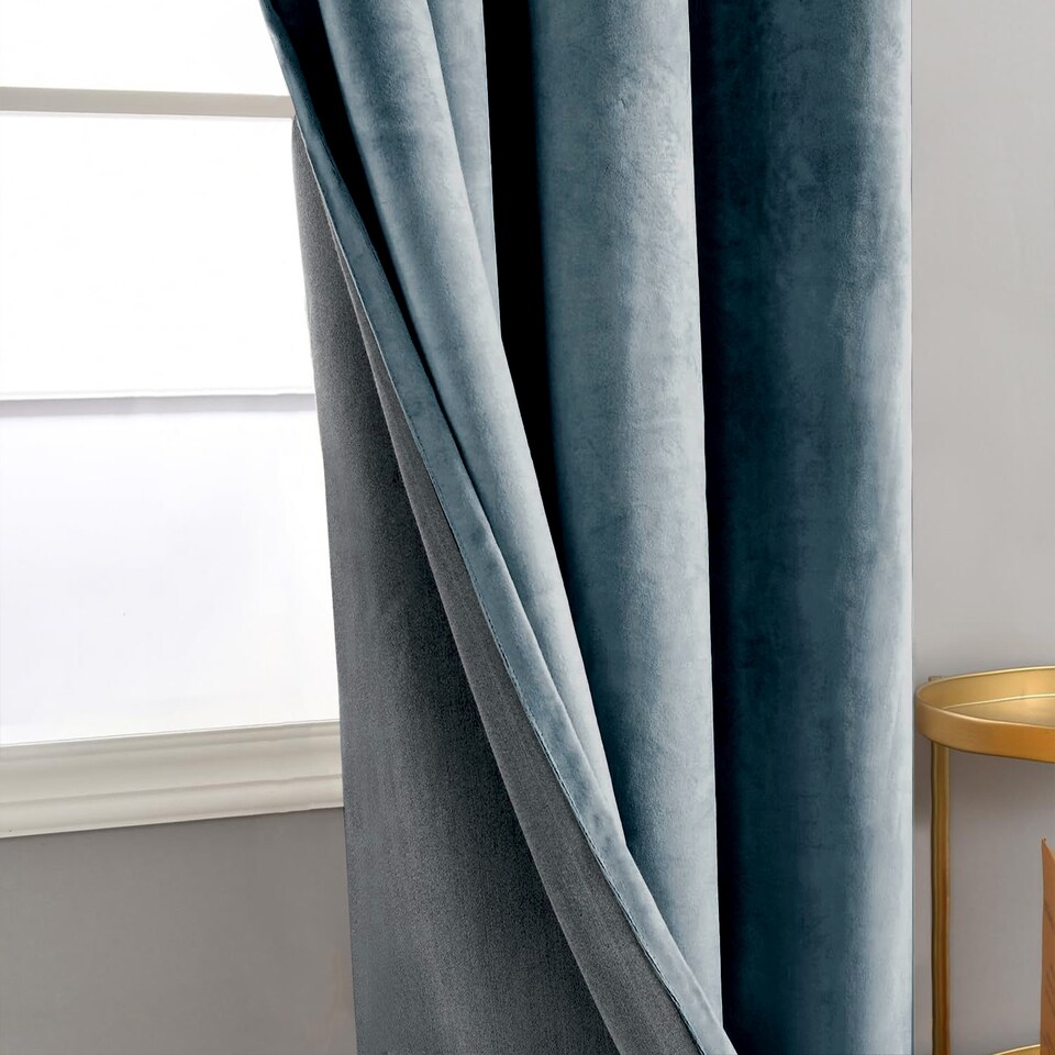 image 1 of Dusty Blue Velvet Blackout Eyelet Curtains - 46x54 Inch Drop - 2 Panel | Blue | One Size