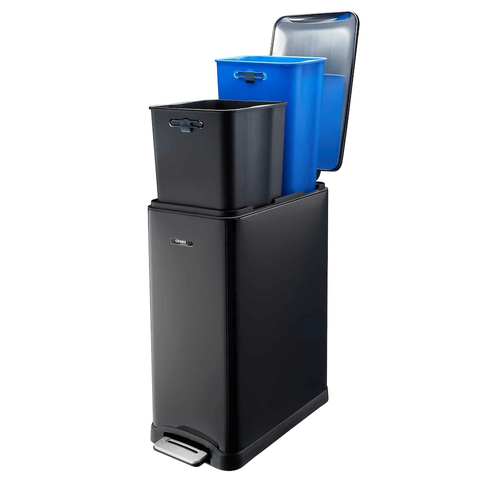 image 1 of Cooks Professional Dual Recycle Slimline Pedal Bin 50L | 20L & 30L Removable Compartments | Black Black