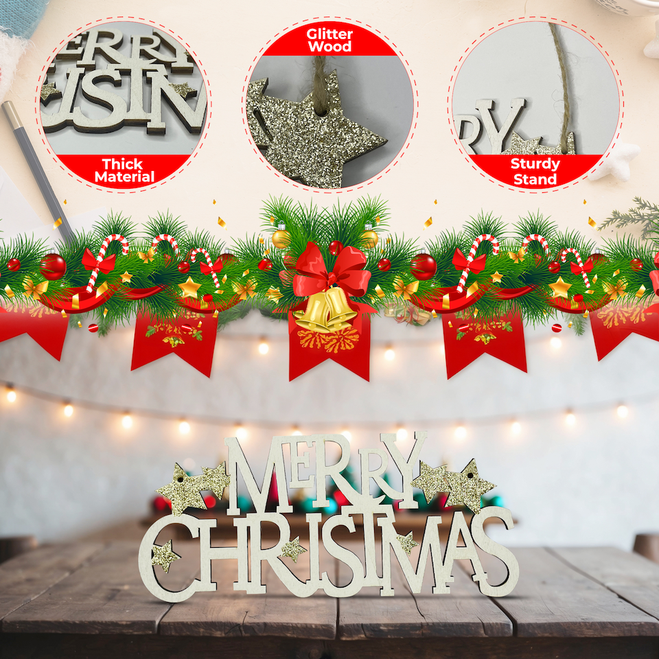 image 1 of Wooden Christmas Table Sign, Merry Christmas Sign Xmas Tabletop Centrepiece