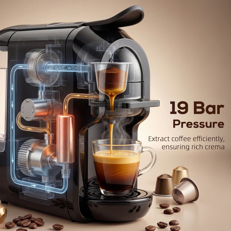 image 1 of HOMCOM Pod Coffee Machine for Nespresso and Dolce Gusto Capsule, 19 Bar | Black | Black | 11.5W x 27.3D x 26.2H cm