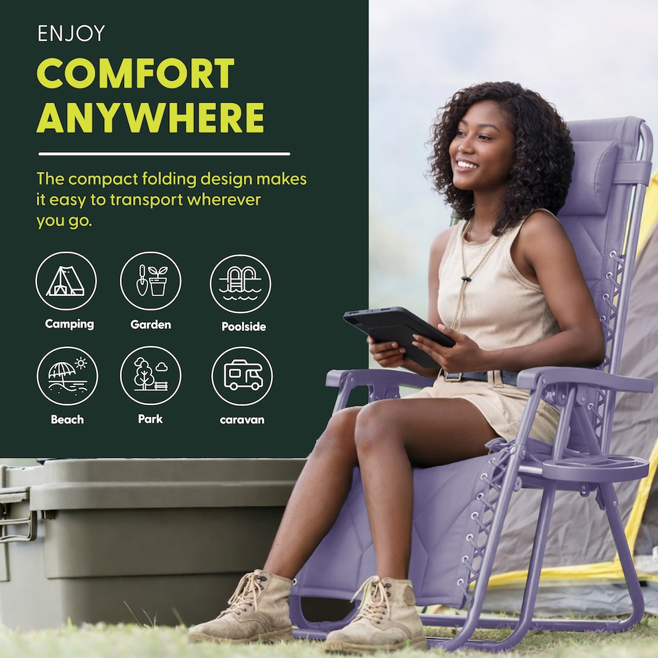 image 1 of Keplin Quilted Zero Gravity Chairs Set of 2 Reclining Garden Sun Loungers