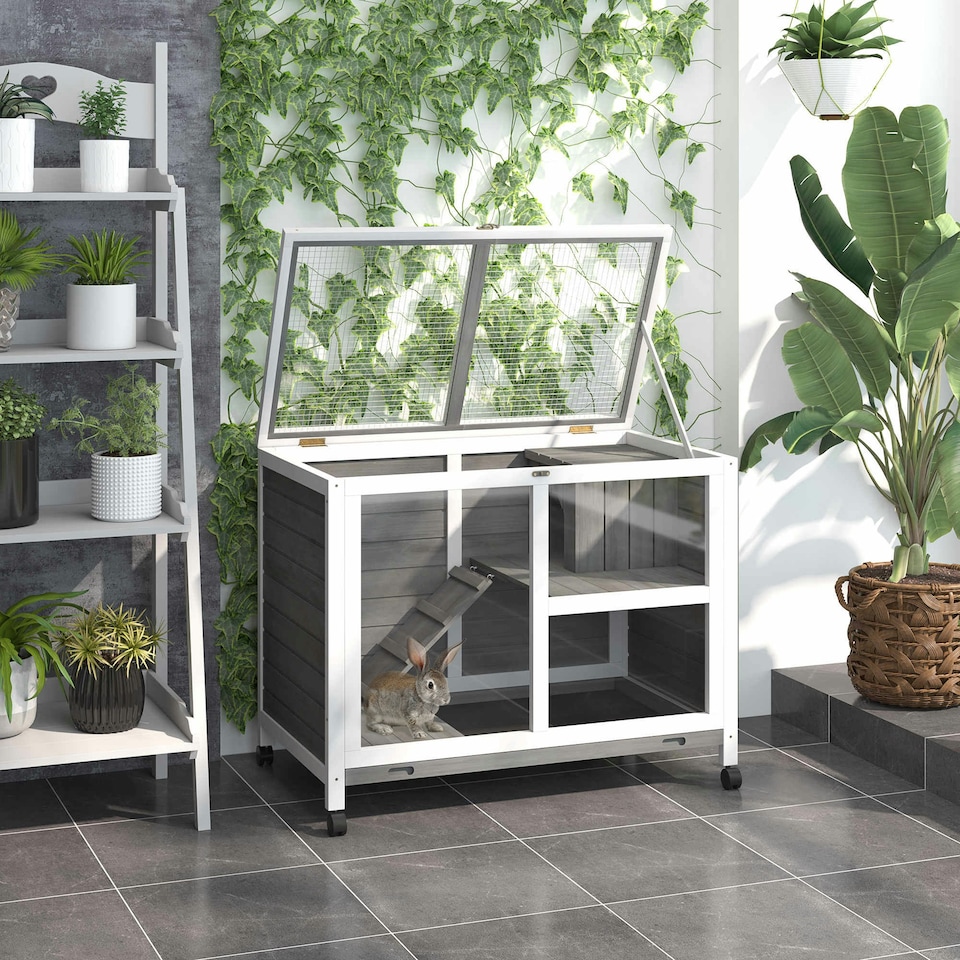 image 1 of PawHut Rabbit Hutch, Bunny Cage 2 Layers with Wheels & Open Roof, Grey