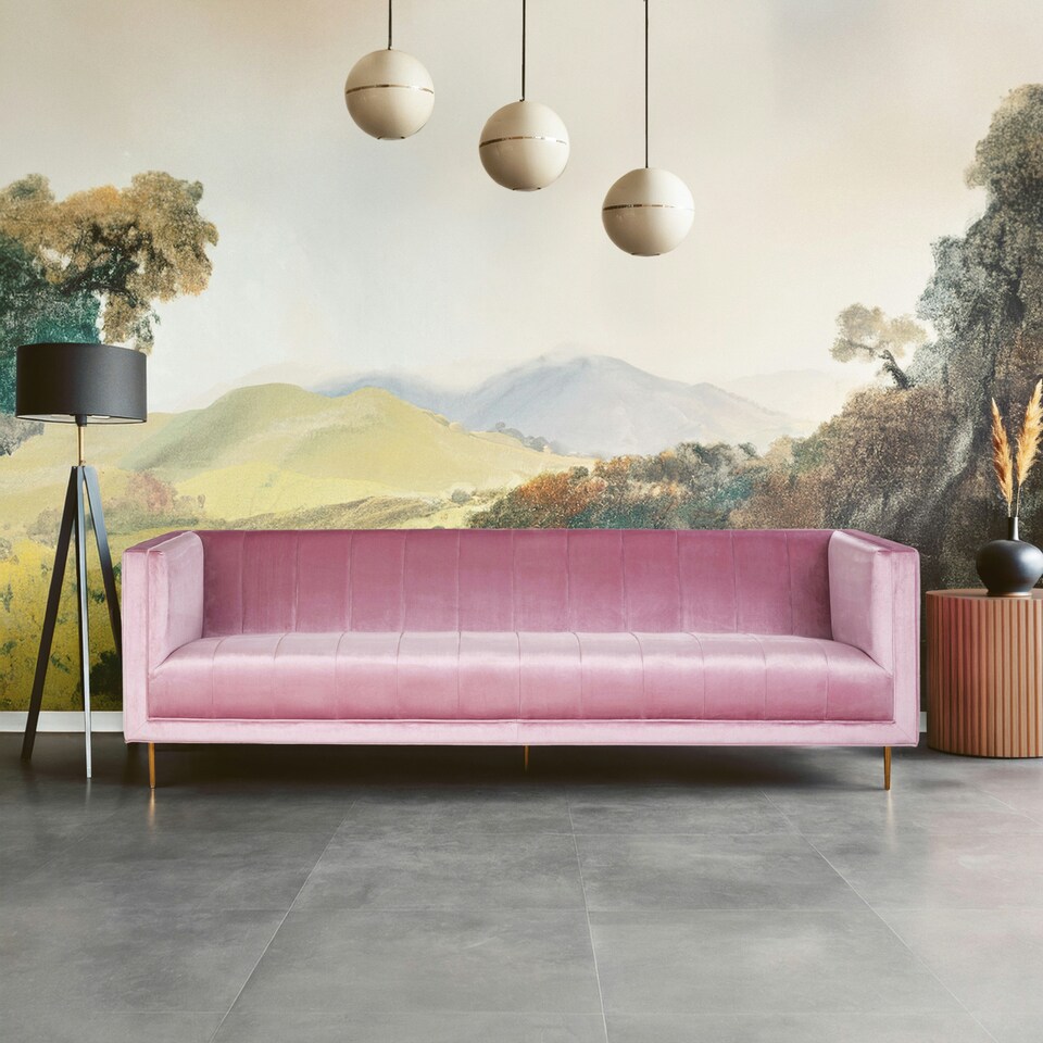 image 1 of Interiors by Premier 3 Seat Pink Sofa, Plush Pink Velvet Upholstered Settee Sofa, Classic Style Sofa Couch For Outdoor Patio Pink