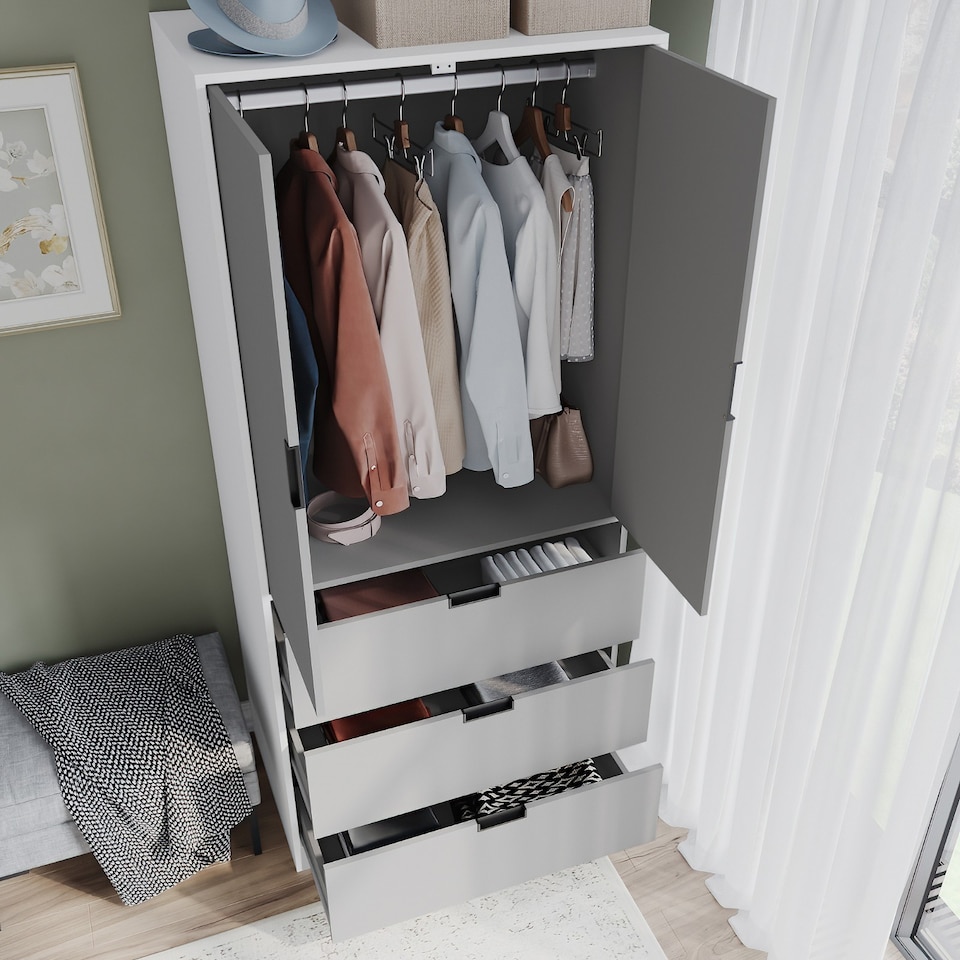 image 1 of 2 Door 3 Drawer Wardrobe with Hanging Rail - Modern Bedroom Storage Furniture | White | White with Grey Doors | 1