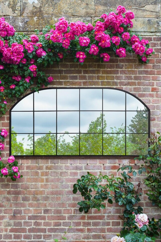 image 1 of The Arcus - Black Metal Framed Window Arched Garden Wall or Fence Mirror 69" X 33" (174CM X 85CM) | Black
