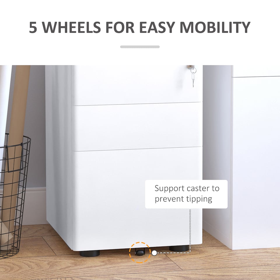 image 1 of Vinsetto 3-Drawer Mobile Filing Cabinet, Steel Lockable File Cabinet for A4, Legal, Letter, Compact Under Desk Storage Unit with Pre-Assembled Body Except Wheels for Home Office, 39 x 48 x 59cm, White