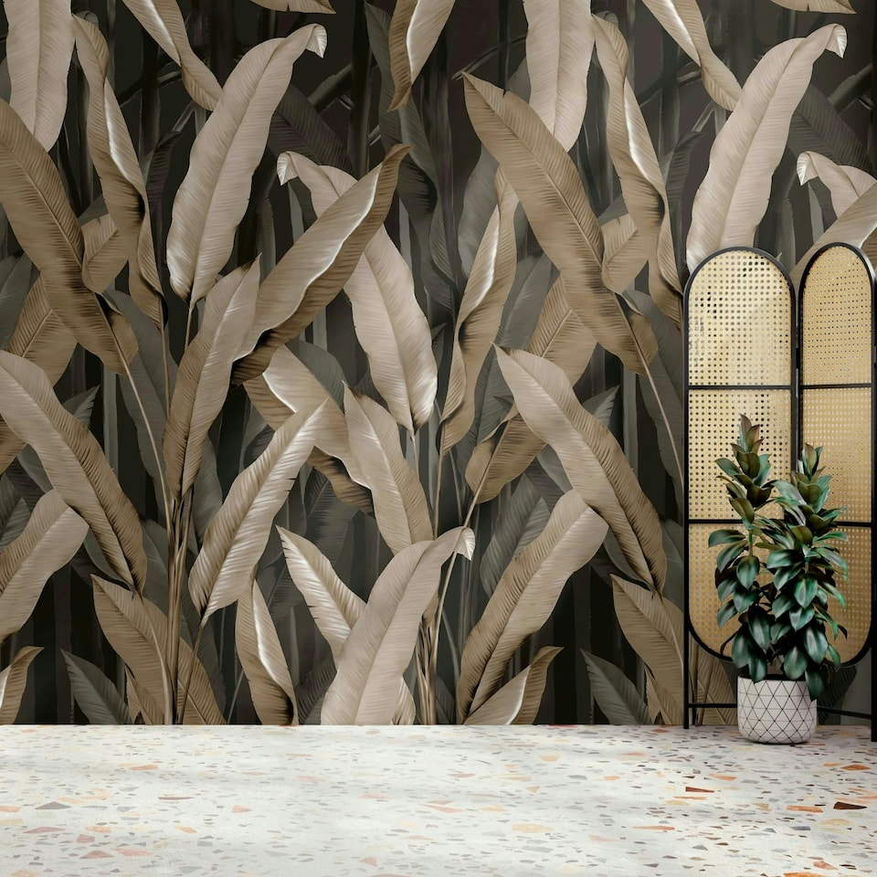 image 1 of Art For the Home Banana Leaf Black Print To Order Fixed Size Mural Black | Black