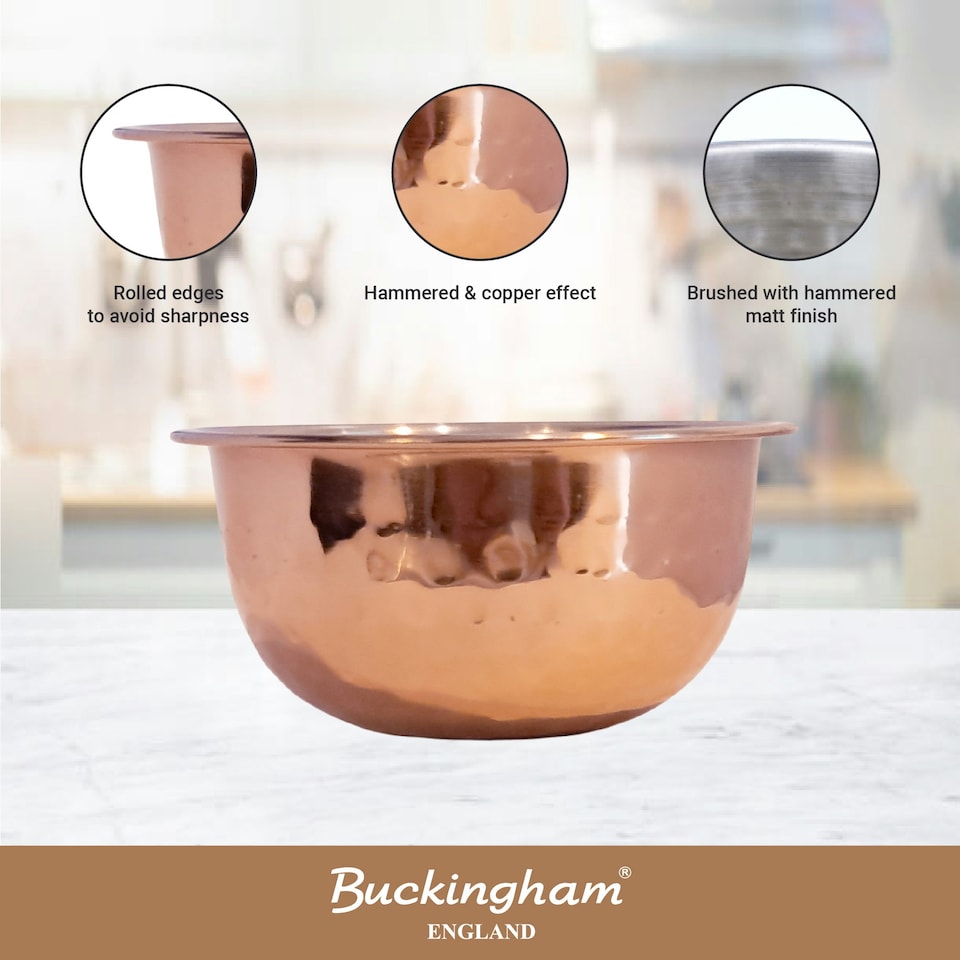 image 1 of Buckingham Stainless Steel Salad / Mixing Bowl with hammered  & copper finish 2.3 Litre / 21 cm