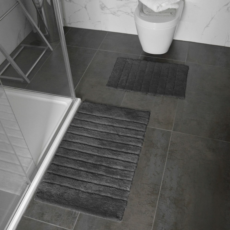 image 1 of Marlow Ribbed Two Piece Bath Mat Set - 100% Cotton (Charcoal Grey)