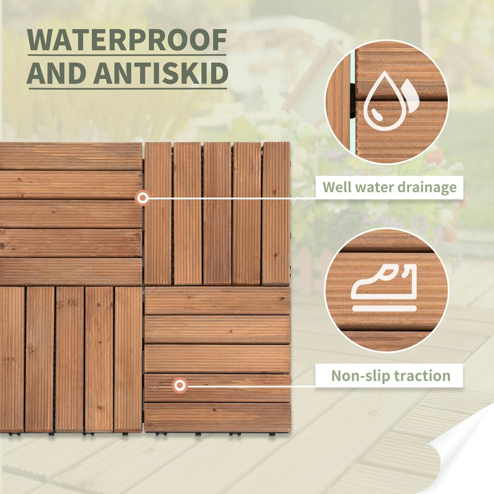 image 1 of Outsunny 27pc Floor Tiles Interlocking Solid Wood DIY Deck Tiles Outdoor Brown