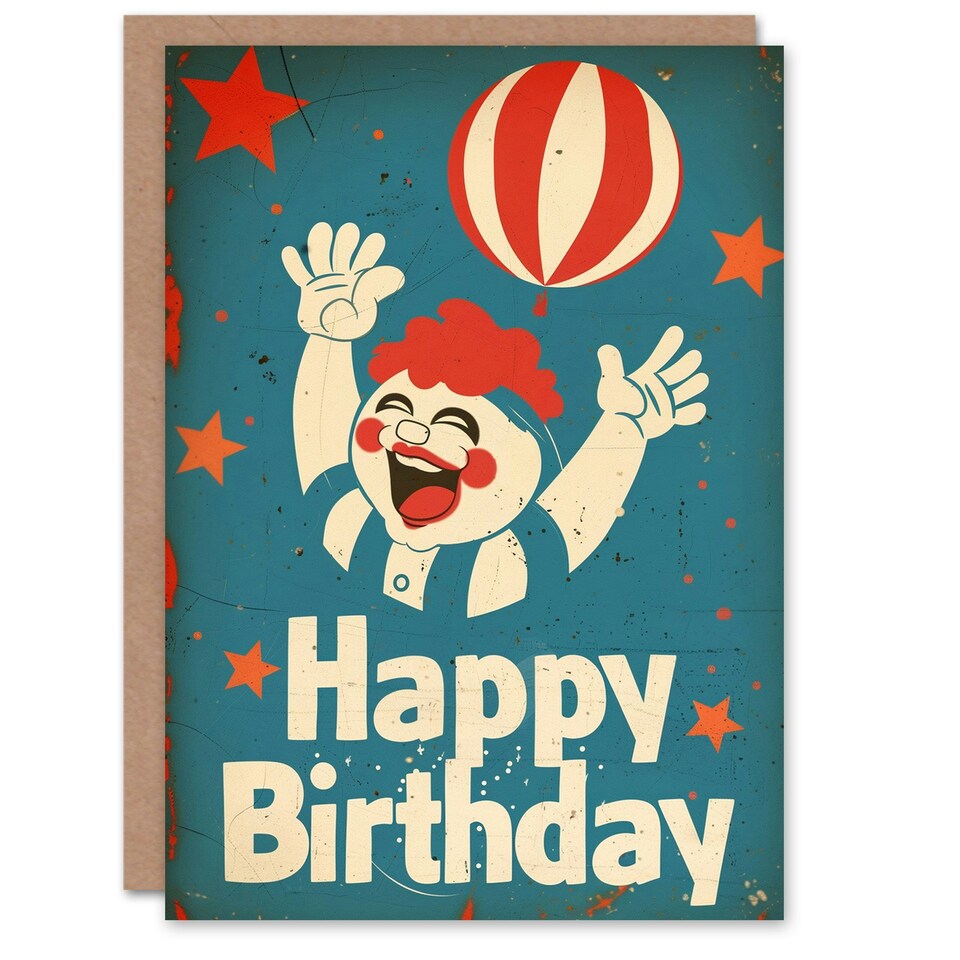 image 1 of Clown Balloon Stars Vintage Advert Man Him Birthday Card