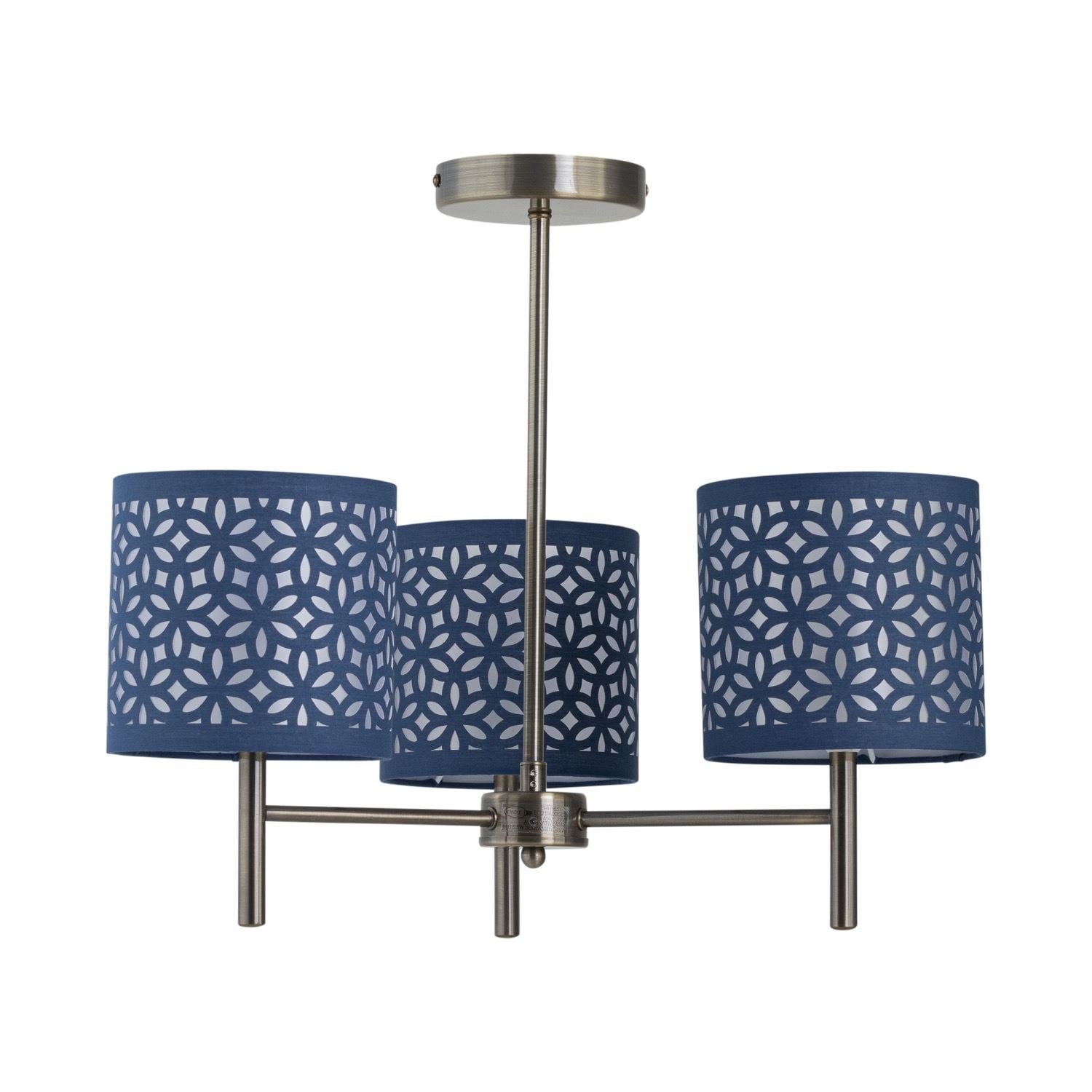 First Choice Lighting Brea - Antique Brass 3 Light Fitting with Navy Blue Cut Out Shades in Gold