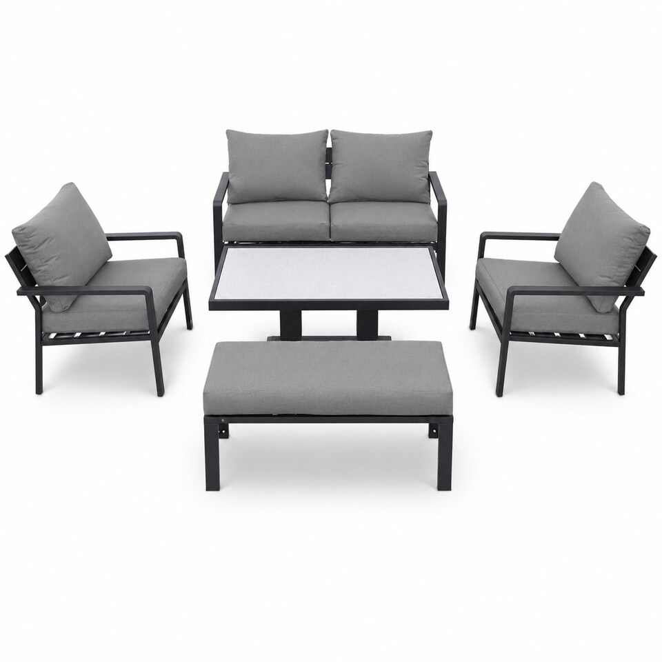 image 1 of 4 Seater 5 Piece Aluminium Garden Sofa Dining Set with Gas Lift Table, Ottoman Bench & Grey Cushions