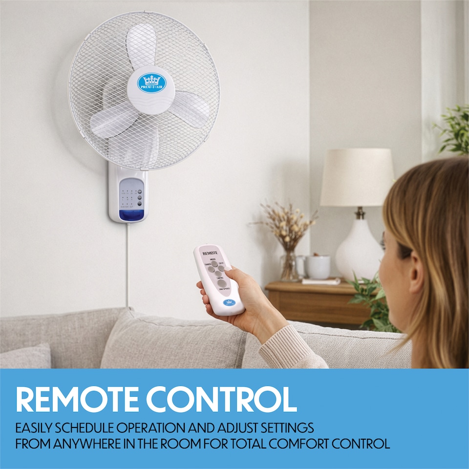 image 1 of Premier 18 inches Wall Fan with Remote 3 Speeds Oscillation 7.5hr Timer Adj. Head