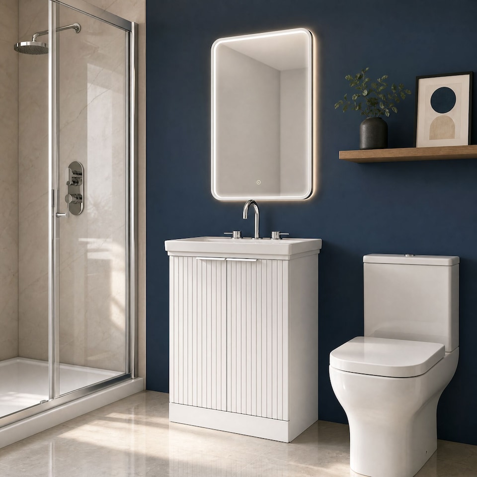 image 1 of Balterley Callingwood Contemporary Floor Standing 2 Door Vanity Unit with Traditional 3 Tap Hole Fireclay Basin , 600mm, Matt White