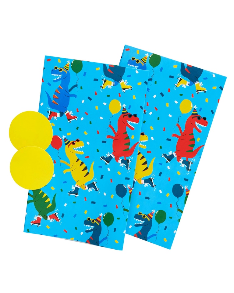 image 1 of Multipack of 6 Sheets of Wrapping Paper & 6 Tags | Birthdays | For Boys | Dino Design | Blue