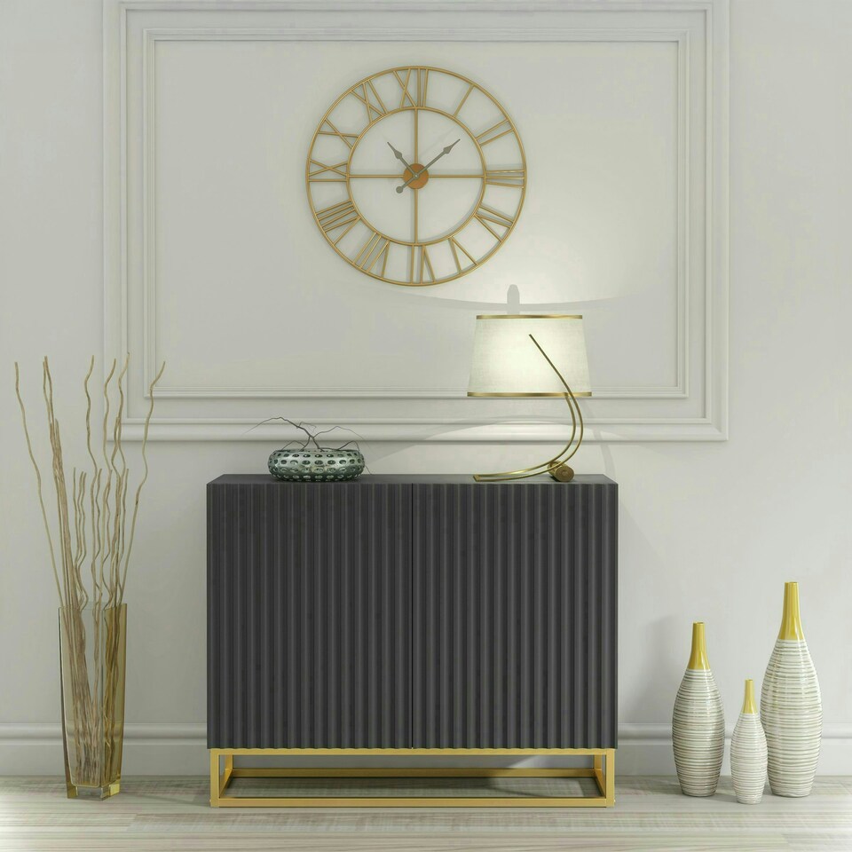 image 1 of Grey Sideboard 100cm Fluted Doors Gold Frame Modern Storage Cabinet Grey
