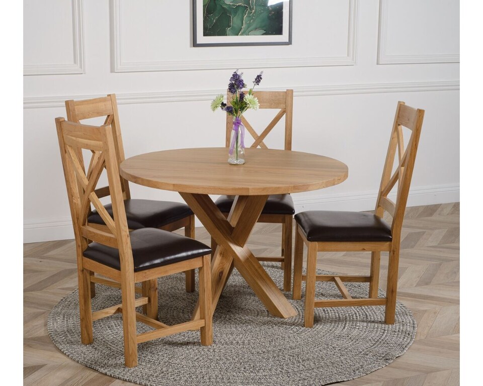 image 1 of Oregon Round Oak Dining Table and 4 Berkeley Leather Chairs | Brown | Brown