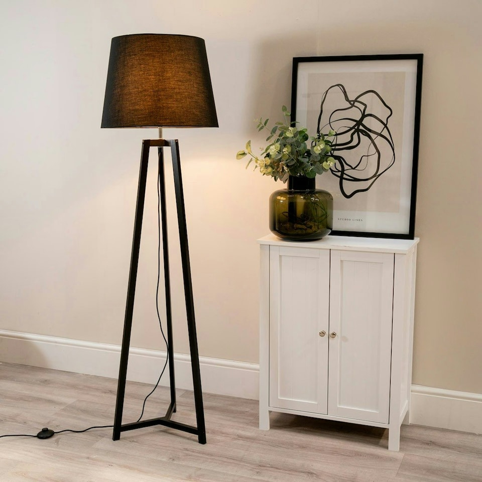 image 1 of ValueLights Lottie Black Wood Tripod Floor Lamp with Black Fabric Tapered Shade and LED Bulb