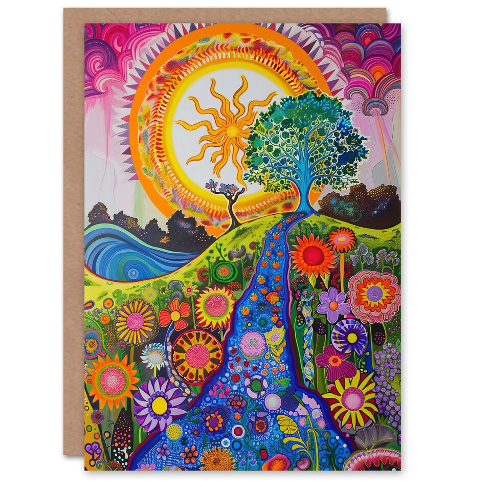 image 1 of Colourful Hippy Folk Art Flowers Sun Trees Landscape Greeting Card