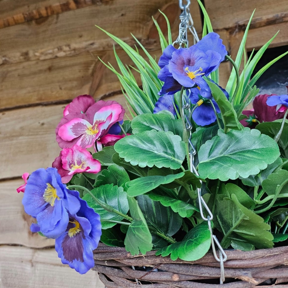 image 1 of Best Artificial Plum & Lilac Pansy Flower with Decorative Rattan Hanging Basket for Indoor or Outdoor Use | Purple | Plum & Lilac | 1