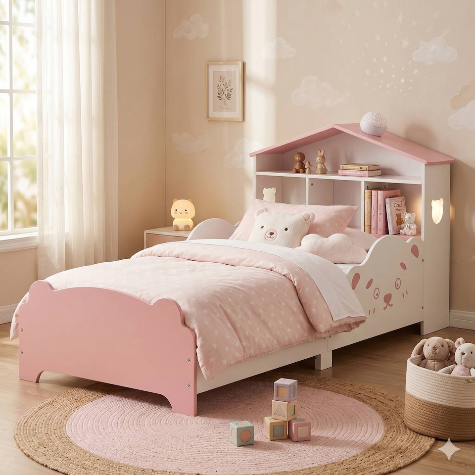 image 1 of TOTO Wooden Toddler Bed w/ Integrated Bookshelf Storage Junior Kids Frame - Pink