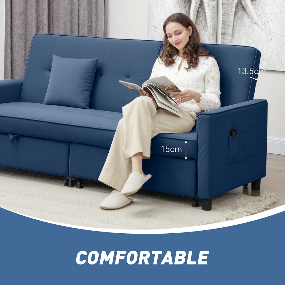 image 1 of HOMCOM Sectional Sofa Bed, L-Shaped 3 Seater Sofa Bed, Reversible Sleeper Sofa with Pull Out Couch Bed, Cushions, Fabric Futon Sofa Bed for Living Room, Blue