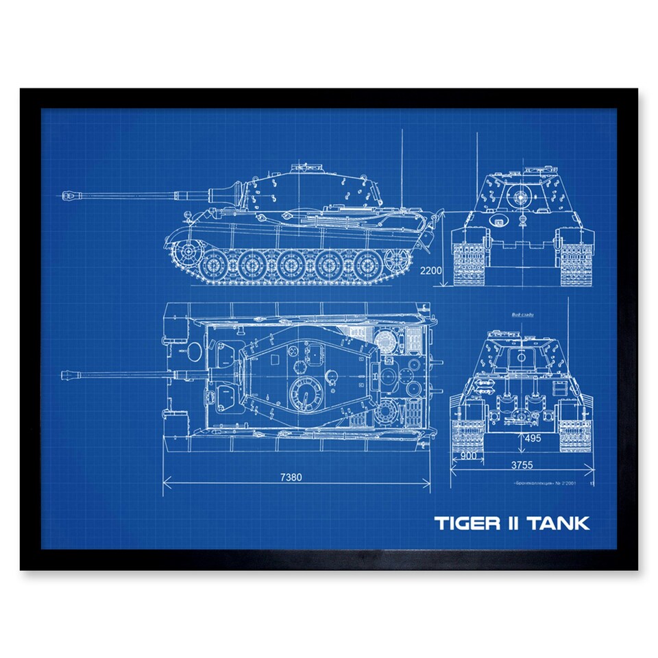 image 1 of Tiger II Panzerkampfwagen Heavy Tank Blue Plan 12x16" Framed Wall Art Print
