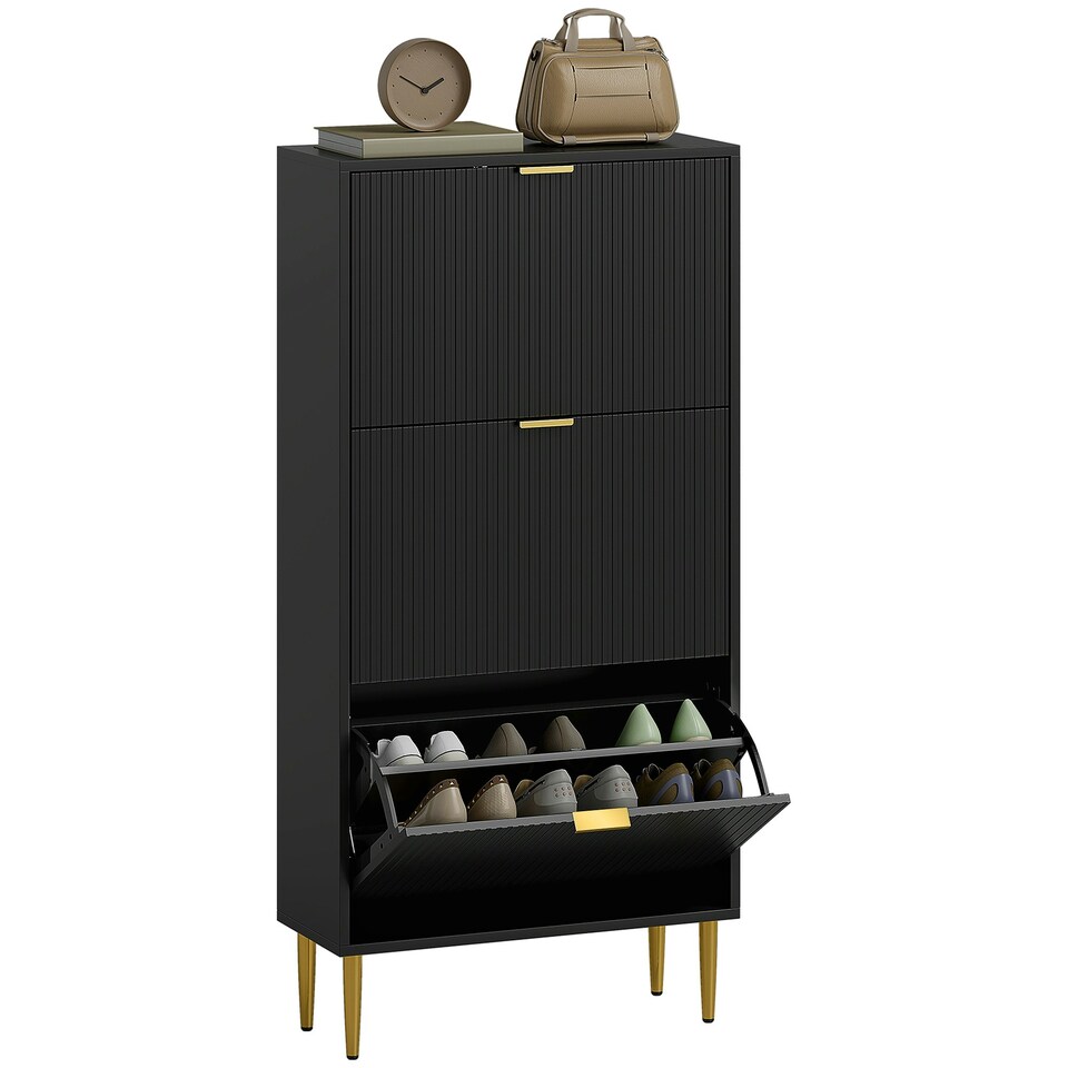 image 1 of HOMCOM Slim Shoe Storage Cabinet with 3 Flip Drawers for Hallway White | Gold | 60W x 24D x 128H cm