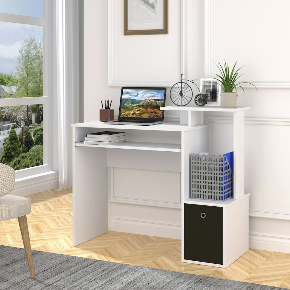 image 1 of HOMCOM Computer Desk with Sliding Keyboard Tray Storage Drawer Shelf White