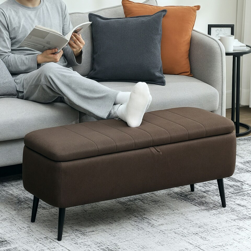 image 1 of HOMCOM Storage Ottoman Bench, Linen Fabric Footstool with Steel Legs Brown | Black