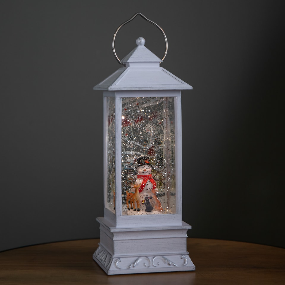 image 1 of 31cm Snowtime Christmas Water Spinner Antique Effect Lantern Snowman & Animals Scene  Dual Powered