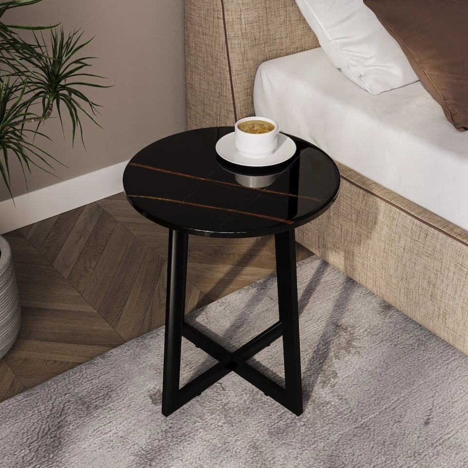 image 1 of Round MDF Coffee Side End Table with Steel Frame Legs Marble Look Living Room | Black | Black Marble | 1
