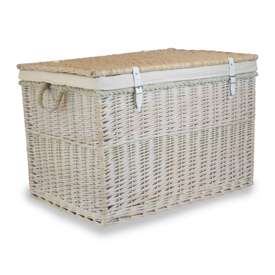 image 1 of Large White Wash Storage Hamper With White Lining Wicker Basket | White | White | L