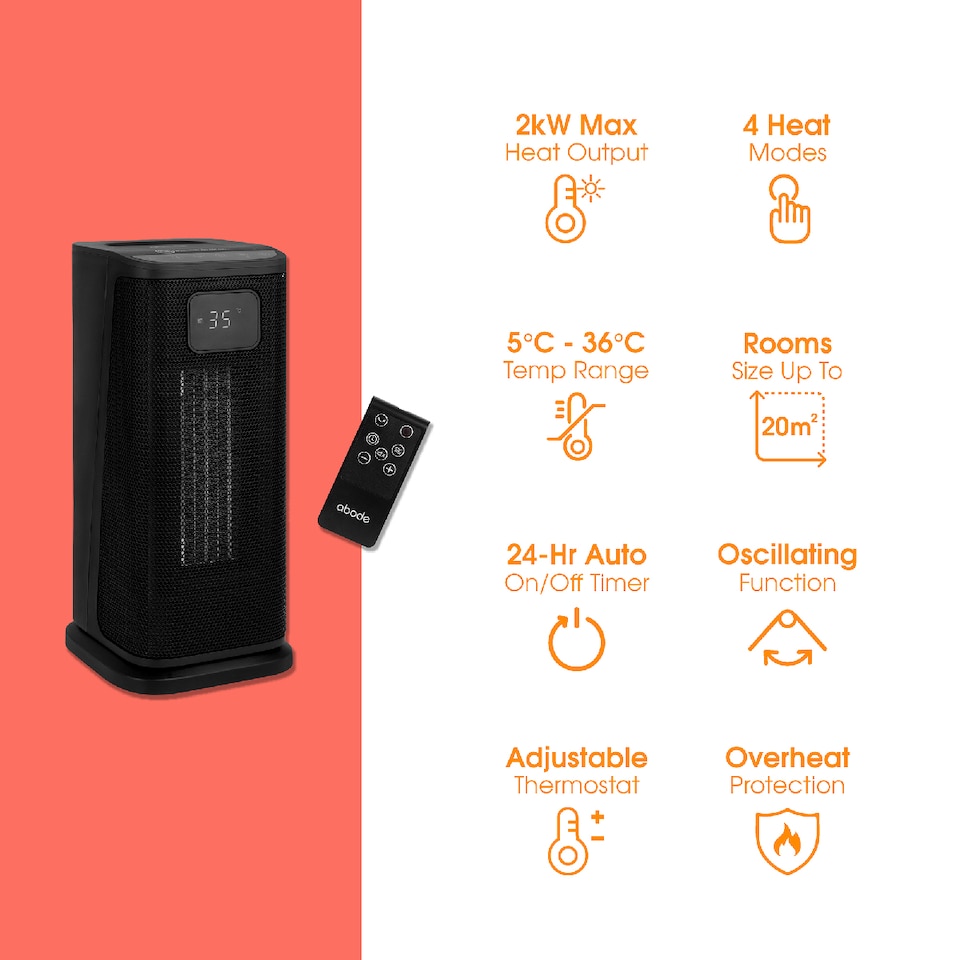 image 1 of Abode ACTH2005 Electric Heater 2000W Ceramic Tower Heater Digital Black