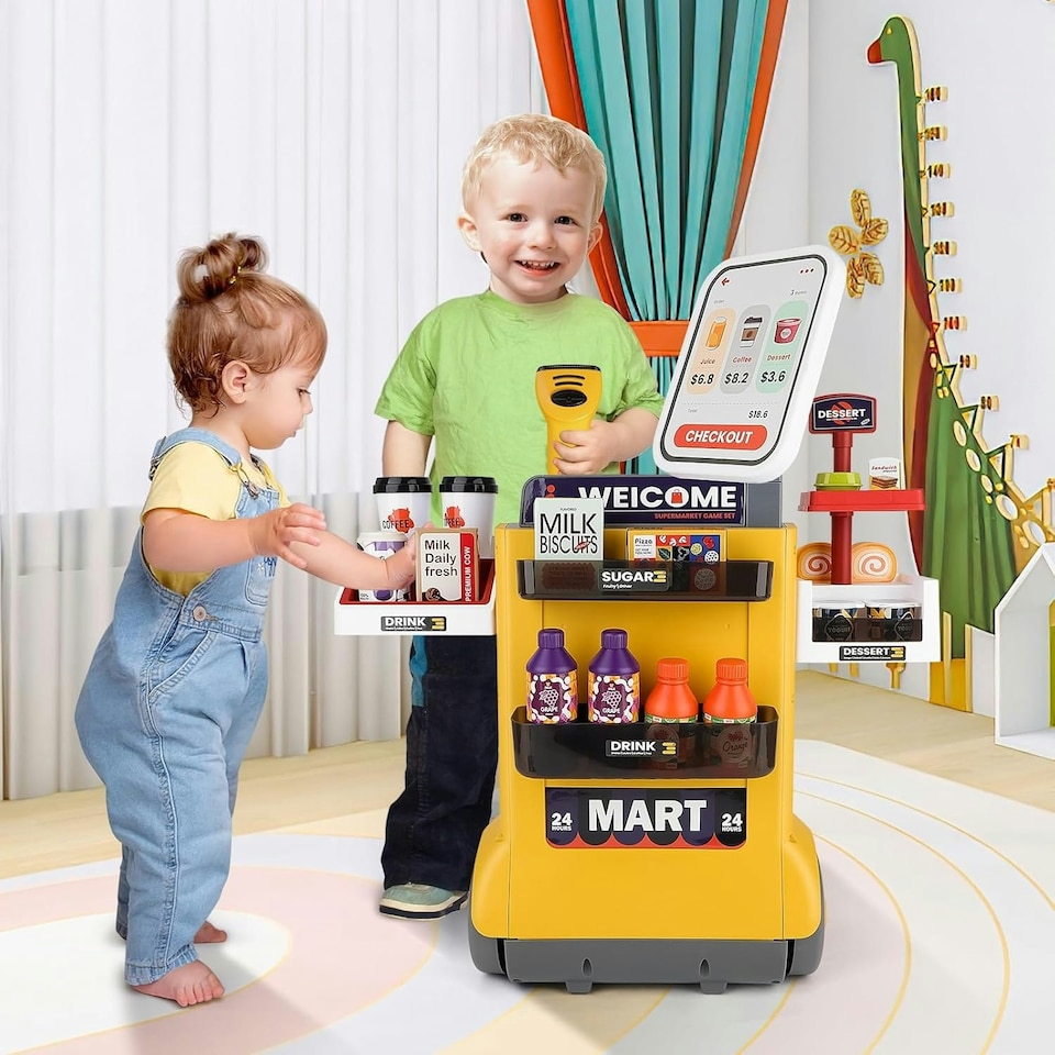 image 1 of 47PCS Grocery Store Cash Register Playset with Scanner Play Food Sound and Light Effects