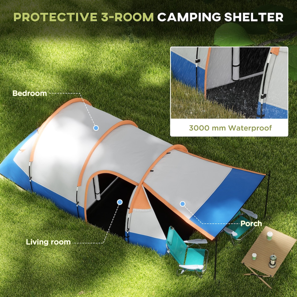 image 1 of Outsunny 2-3 Man Camping Tent, Tunnel Tent with Bedroom, Living Room and Porch, Sewn-in Groundsheet, Portable with Bag, for Fishing Hiking Festival | Orange