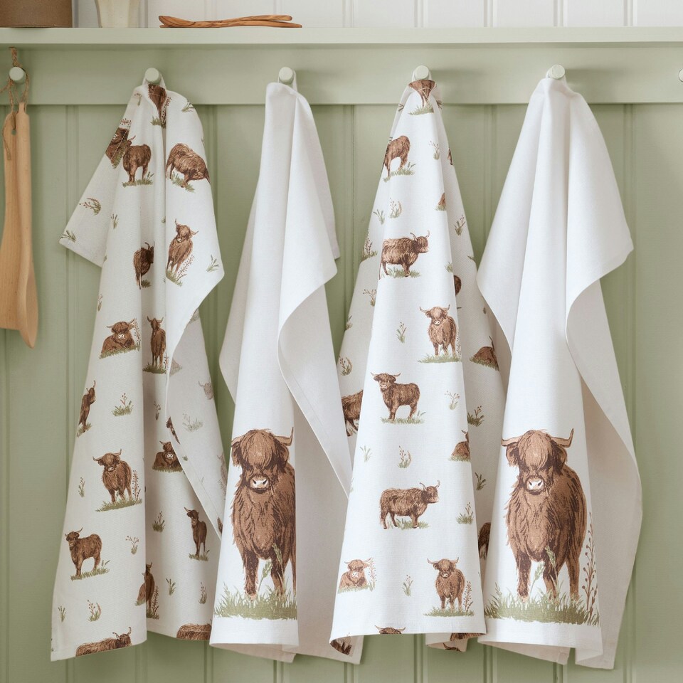 image 1 of Catherine Lansfield Angus Highland Cow Cotton Kitchen Tea Towel Pack of 4 Natural | Cream | Natural | One size | 4