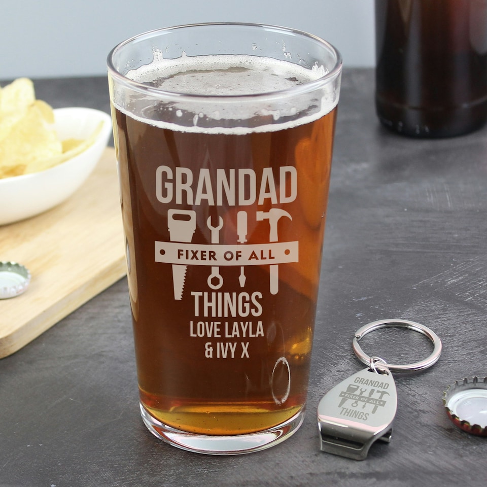 image 1 of Personalised Fixer of All Things Pint Glass & Bottle Opener Clear