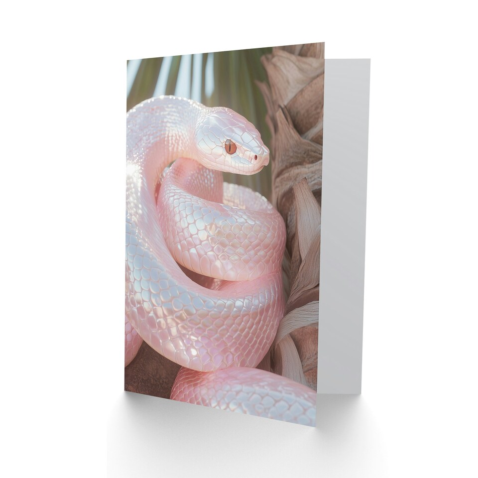 image 1 of Bright Shiny Pink Snake Coiled Under Palm Tree Birthday Greeting Card