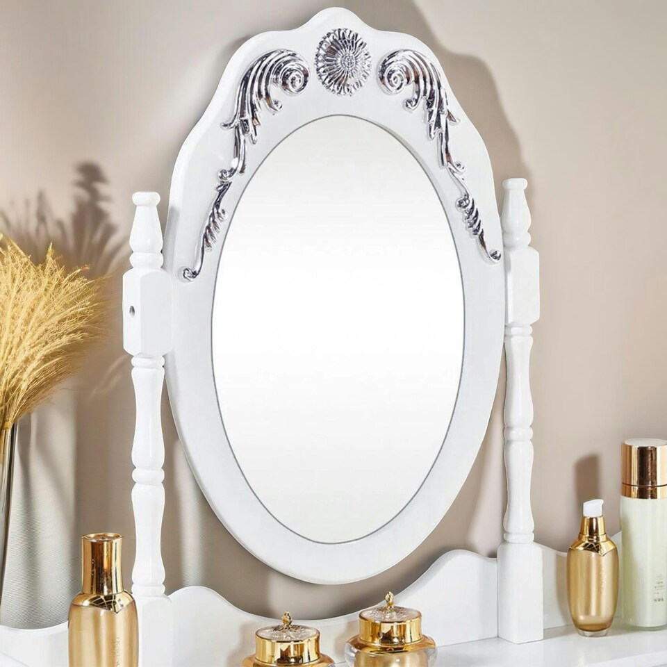 image 1 of 5 Drawer White Dressing Table With Round Mirror And Stool White