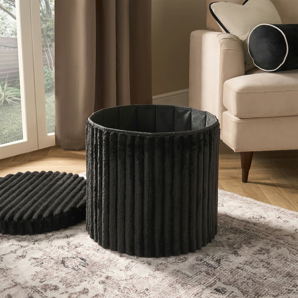 image 1 of OHS Soft Fleece Ribbed Round Foldable Footstool Seat Storage Organiser Ottoman Black